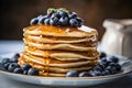 gorgeous delicious pancakes with honey and blueberries under daylight in nordic style, neural network generated photorealistic