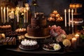 gorgeous display of chocolate cakes and desserts for special occasion, with candles and flowers