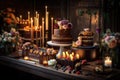 gorgeous display of chocolate cakes and desserts for special occasion, with candles and flowers