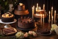 gorgeous display of chocolate cakes and desserts for special occasion, with candles and flowers