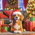 gorgeous dog wearing santa hat amongst the gifts Royalty Free Stock Photo