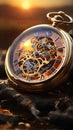 Gorgeous double exposure artwork emerges from the fusion of a radiant sunrise and a vintage pocket watch