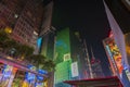 Gorgeous down up view of colorful illuminated skyscrapers on dark sky background. Manhattan. New York, Royalty Free Stock Photo