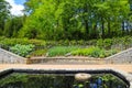 A gorgeous edible garden with lush green trees and plants and a small pond with lush green lily pads floating in the water Royalty Free Stock Photo