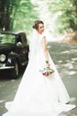 Gorgeous elegant bride posing near stylish retro black car Luxury wedding in vintage style. Portrait Royalty Free Stock Photo