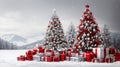 Gorgeous elegant Christmas tree with gifts in red and silver on a panoramic snow background Royalty Free Stock Photo