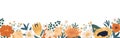 Gorgeous floral backdrop with border of blooming autumn flowers and leaves. Design of horizontal banner with elegant