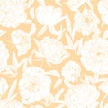 Gorgeous floral seamless pattern with blooming peony flowers hand drawn with contour lines on orange background. Natural