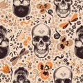 Gorgeous floral seamless pattern with skeleton skulls drawn in retro woodcut style, cartoon orange and brown flowers and