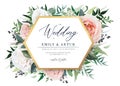 Gorgeous floral vector wedding invite, party invitation, greeting card template. Blush peach, light pink and white garden roses, Royalty Free Stock Photo