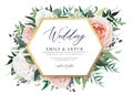 Gorgeous floral vector wedding invite, party invitation, greeting card template. Blush peach, light pink and white garden roses,