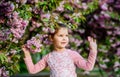 Gorgeous flower beauty. Girl cherry flower background. Happy spring vacation. Park and garden. Girl little child in