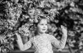 Gorgeous flower beauty. Girl cherry flower background. Happy spring vacation. Park and garden. Girl little child in