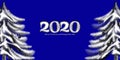 2020 blue background with fluffy numbers and christmas trees. New Year, Christmas, winter theme. Picture for the design of