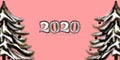 2020 light pink background with fluffy numbers and christmas trees. New Year, Christmas, winter theme. Picture for the design of