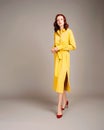 Gorgeous ginger woman in yellow shirt dress. Female bright look. Trendy trench and red high heel shoes