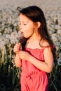 Gorgeous girl standing in field of white dandelions, holding one in hand and making wish. Child blowing fluffy flower. Royalty Free Stock Photo