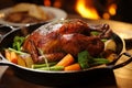 Gorgeous golden brown roast goose with crispy skin, cooked to perfection in a sizzling pan