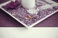 gorgeous golden wedding rings on violet gemstone box Royalty Free Stock Photo