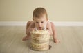 Gorgeous happy blue eyed baby boy in neutral tones turns one Royalty Free Stock Photo