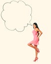 Gorgeous happy woman in pink gown with speech balloon