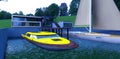 Gorgeous high-tech house concept with its own concrete jetty. A yellow motorboat and a sailing yacht are moored to the pier.