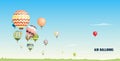 Gorgeous horizontal banner, background or picturesque landscape with hot air balloons flying in clear blue sky. Festival