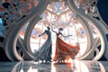 Gorgeous illustration of dance party in old fashion style. Glass architecture and figures. Generative AI