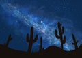 Gorgeous illustration of the desert full of cactus trees under the blue starry night sky