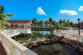 Gorgeous inviting view of Memories resort landscape, grounds at early morning on sunny beautiful summer day