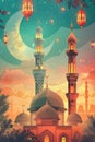 Gorgeous islamic greeting background. Mosque and Arabic Lantern. Ramadan kareem. Eid Mubarak cards for Muslim Holidays Royalty Free Stock Photo