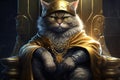 king cat in crown sits on the royal throne. Generative AI illustration Royalty Free Stock Photo