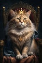 king cat in crown sits on the royal throne. Generative AI illustration Royalty Free Stock Photo