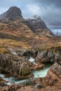 Gorgeous landscape image of vibrant River Coe flowing beneath snowcapped mountains in Scottish Highlands