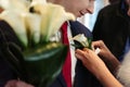 Gorgeous luxury blonde bride putting on boutonniere on the suit Royalty Free Stock Photo