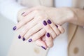 Gorgeous manicure, dark purple tender color nail polish, closeup photo. Female hands over simple background of casual clothes Royalty Free Stock Photo