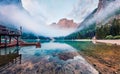 Gorgeous morning view of Braies Pragser Wildsee lake. Incredible summer scene of Fanes-Sennes-Braies national park, Dolomiti Alp