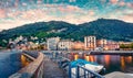 Gorgeous morning view of Como city. Stunning summer scene of Como lake. Wonderful scenic lansdscape of Italy, Europe. Traveling Royalty Free Stock Photo