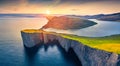 Gorgeous morning view from flying drone of Sorvagsvatn lake, Vagar, Faroe Islands, Denmark,