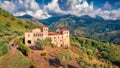 Gorgeous morning view from flying drone of typical Italian church, Bonifati village location, Province of Cosenza.