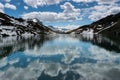 Gorgeous mountain lake in the Alps with reflections and snow remnants