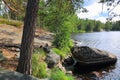 Gorgeous nature landscape view of lake with rocky coast line and green tall trees on blue sky background. Sweden, Europe. Royalty Free Stock Photo