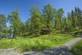 Gorgeous nature landscape view on sunny summer day. Green trees and plants around lake on blue sky background. Royalty Free Stock Photo