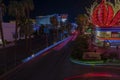 Gorgeous out-of-focus colorful tracers of Strip road. Night Las Vegas cityscape view. Nevada, Las Vegas.