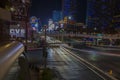 Gorgeous out-of-focus colorful tracers of Strip road. Night Las Vegas cityscape view. Nevada, Las Vegas. USA.