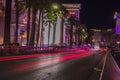 Gorgeous out-of-focus tracers of Strip road. Night Las Vegas cityscape view. Nevada, Las Vegas.