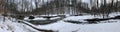 A GORGEOUS PANORAMA OVER A HALF-FROZEN RIVER IN THE MIDDLE OF THE WOODS