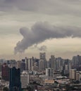 Gorgeous panorama scenic of the sunrise or sunset with cloud on the orange and blue sky over large metropolitan city in Bangkok