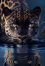 Gorgeous panther, hunting, jaguar, leopard, eyes, spots, water, wallapaper, generative ai