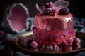 Gorgeous pink cake with crystals and flaky copper leaf and pearl sprinkles on a beautiful ornate plate. Generative AI